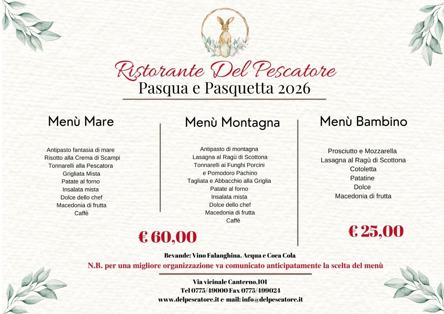 Menù di Pasqua e Pasquetta 2026 presso Ristorante Del Pescatore a Fumone